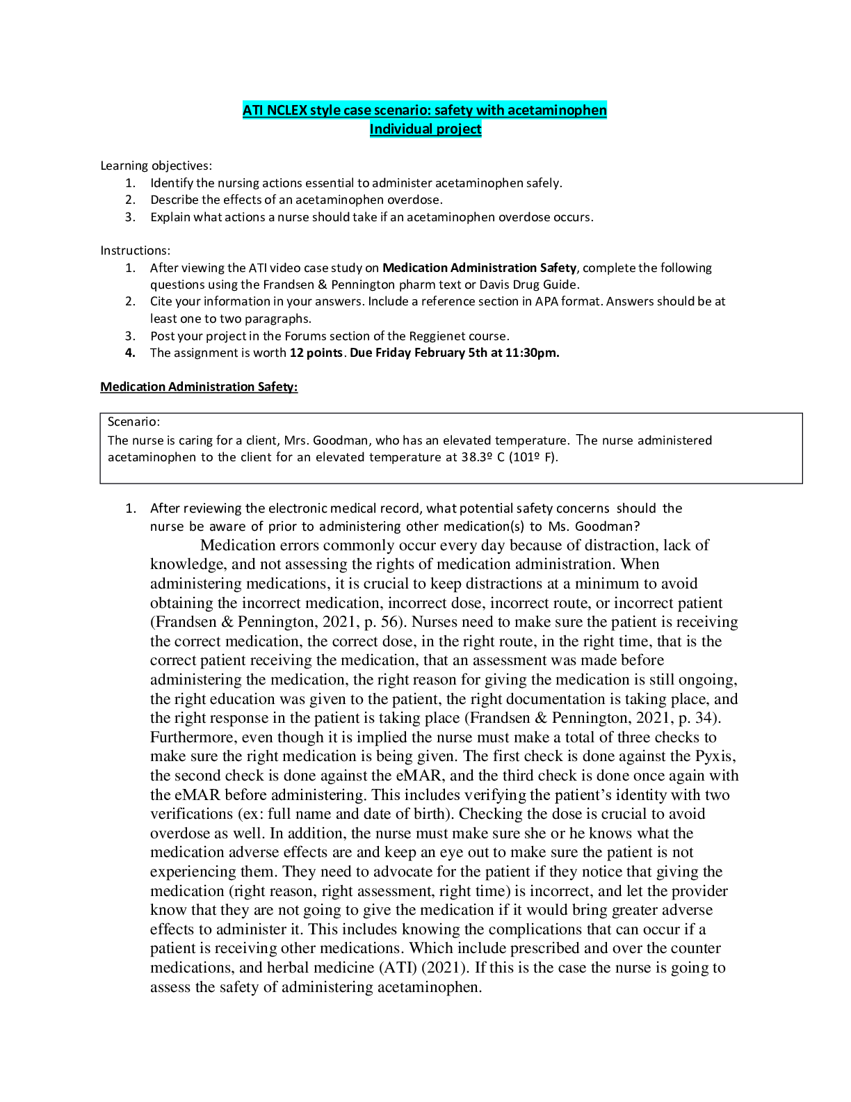 Preview image for ATI NCLEX style case scenario: safety with acetaminophen Individual project (ASSUERED A) <100% CORRECT> GRADED A+ | LATEST SOLUTIONS |